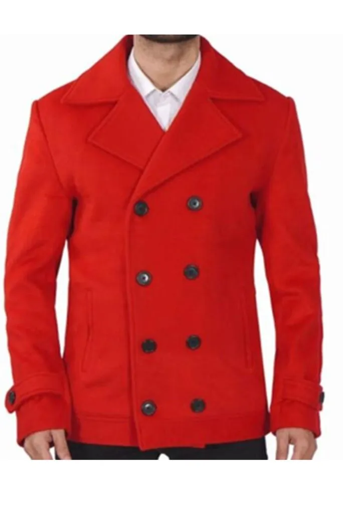 Man Red Double Breasted Coat Tweed Windbreak Jacket Casual Trench Coat For Him