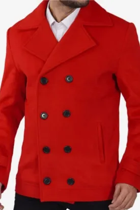 Man Red Double Breasted Coat Tweed Windbreak Jacket Casual Trench Coat For Him