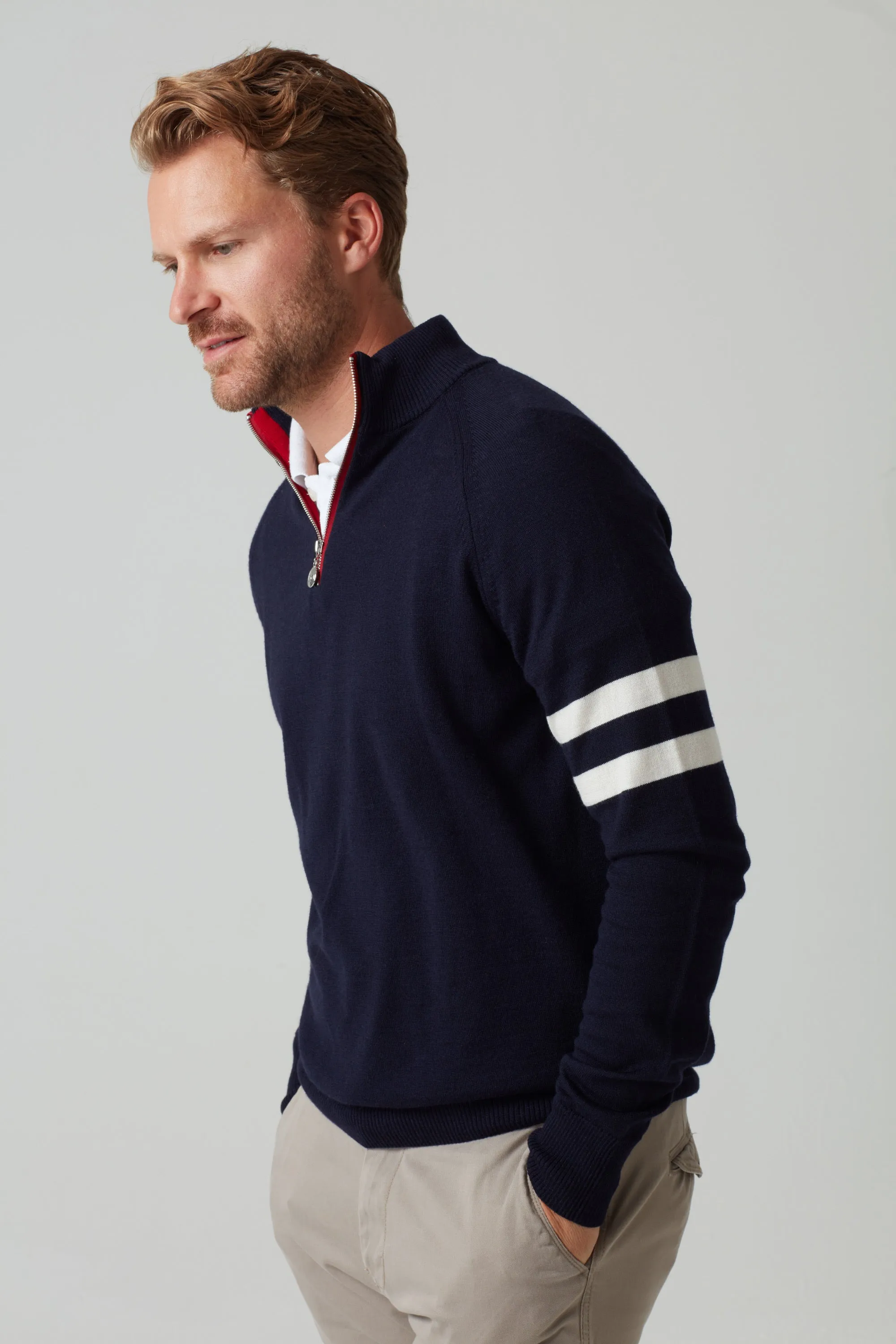 Mens Birdie 4 zip Jumper in navy, soft white & red