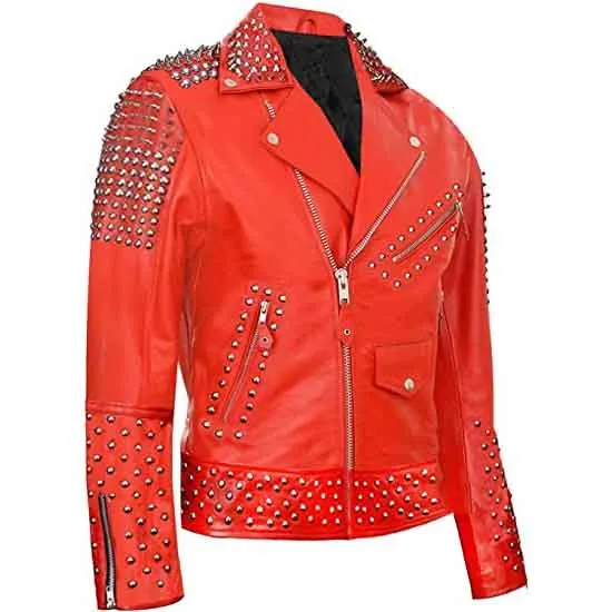 Mens Red Punk Style Motorcycle Leather Jacket with Spikes