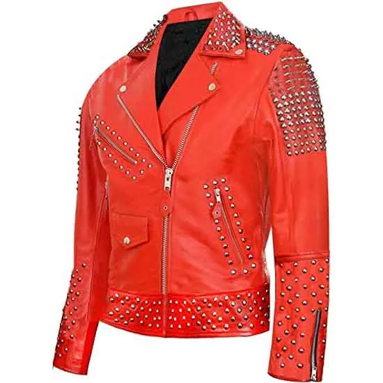 Mens Red Punk Style Motorcycle Leather Jacket with Spikes