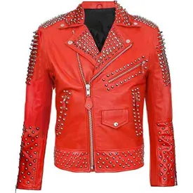 Mens Red Punk Style Motorcycle Leather Jacket with Spikes