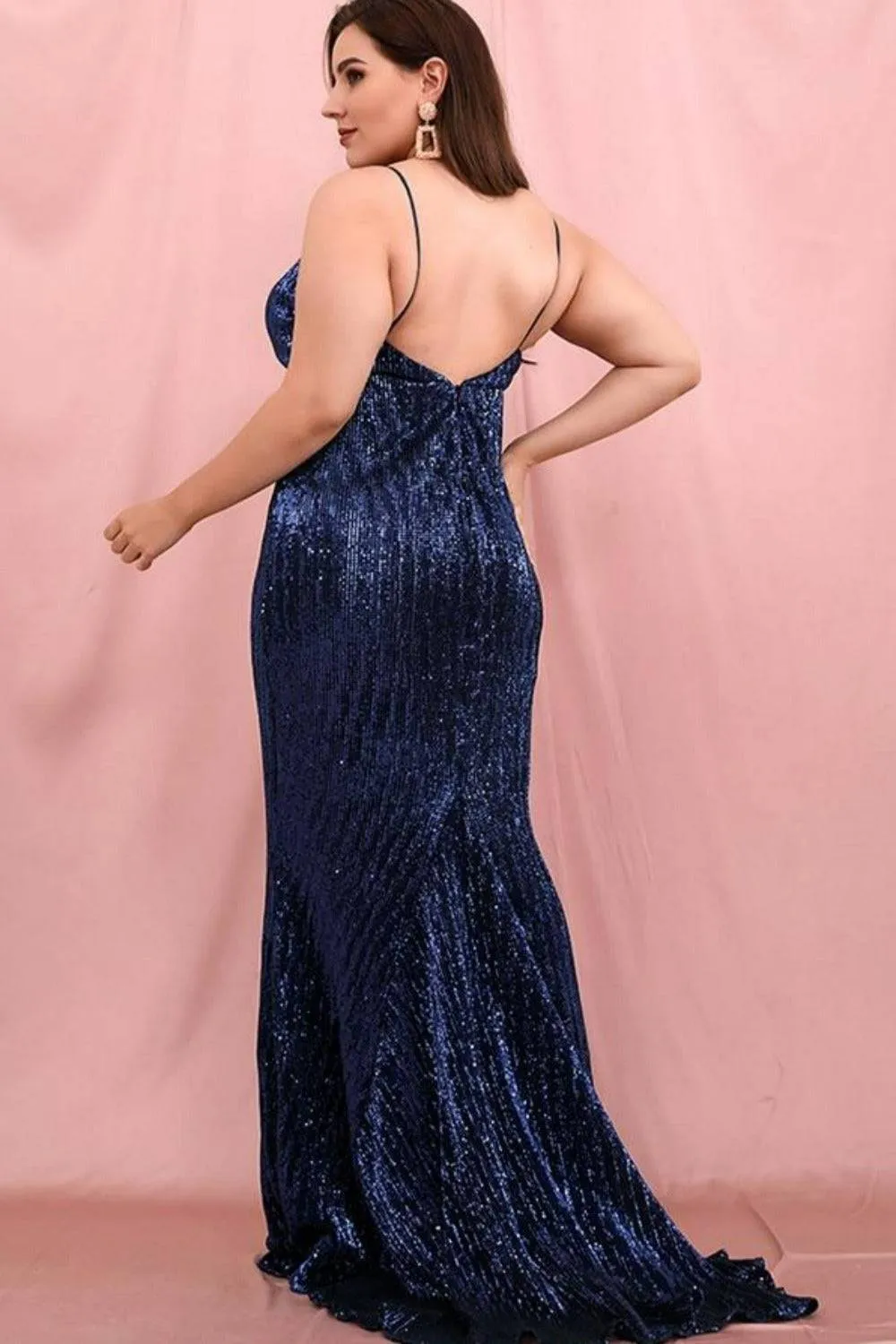 Navy Blue Open Back Sequin Dress