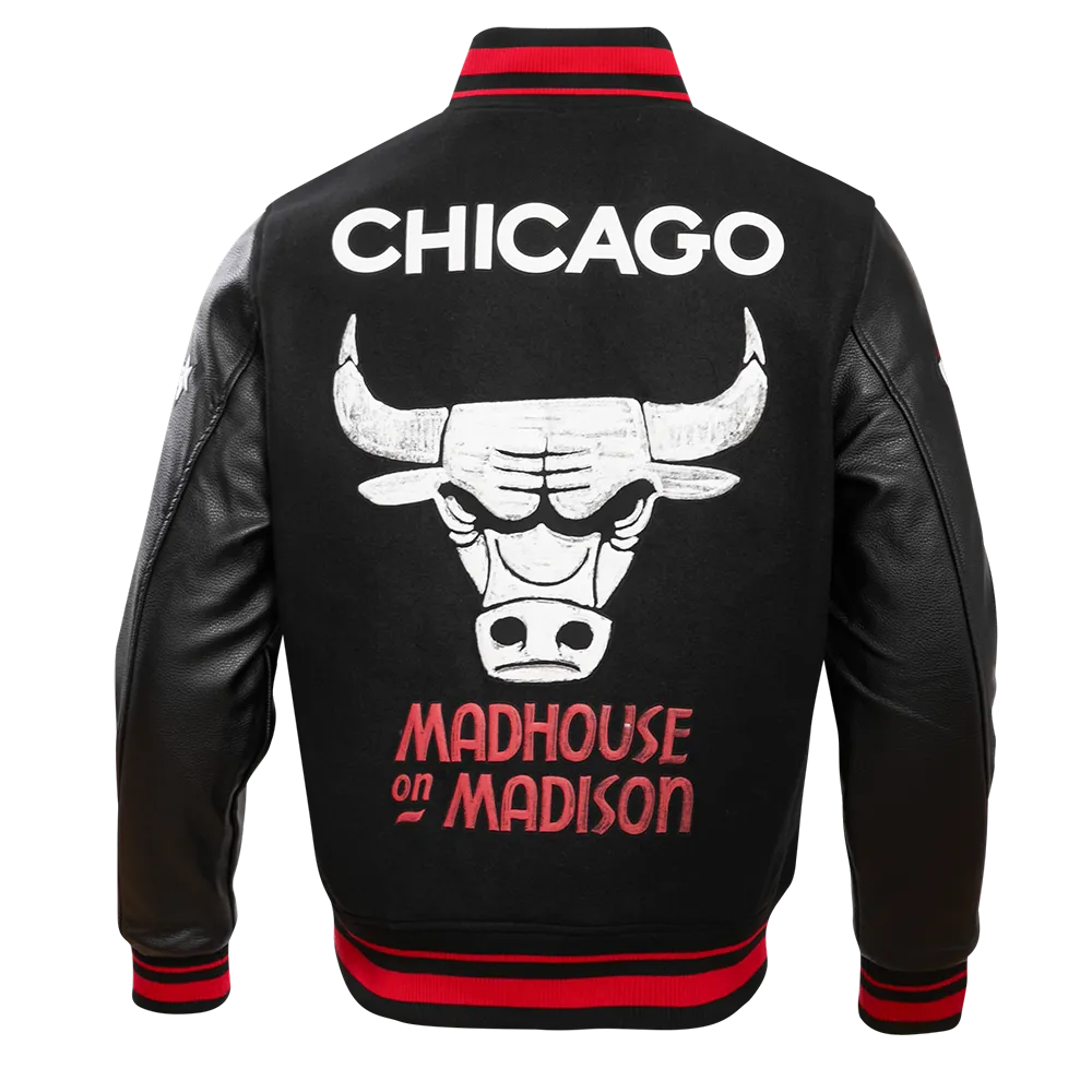 NBA CHICAGO BULLS MEN'S CHEST MADHOUSE ON MADISON RIB WOOL VARISTY JACKET (BLACK/RED/BLACK)