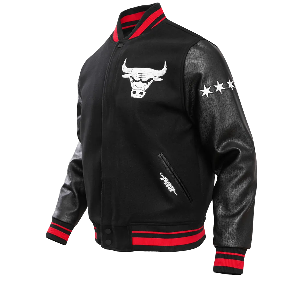 NBA CHICAGO BULLS MEN'S CHEST MADHOUSE ON MADISON RIB WOOL VARISTY JACKET (BLACK/RED/BLACK)