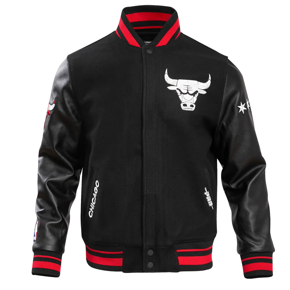 NBA CHICAGO BULLS MEN'S CHEST MADHOUSE ON MADISON RIB WOOL VARISTY JACKET (BLACK/RED/BLACK)