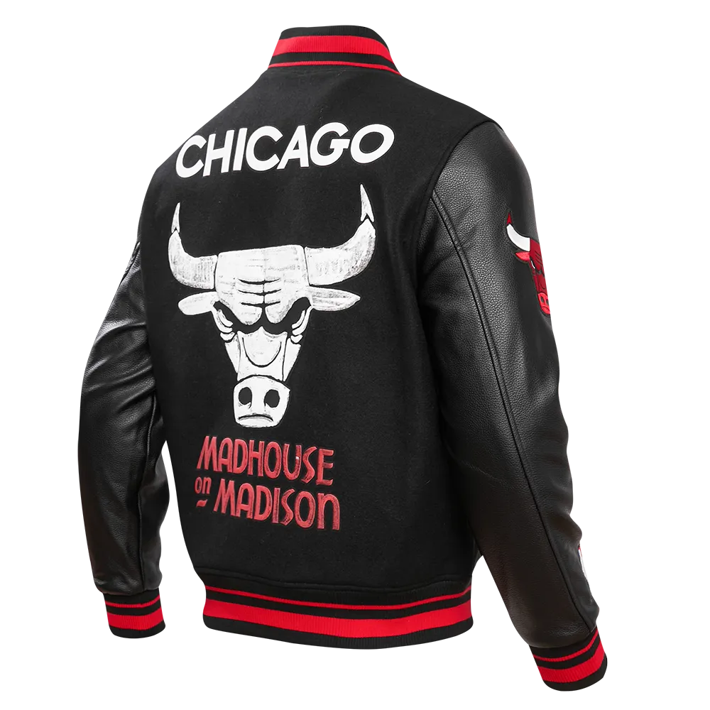 NBA CHICAGO BULLS MEN'S CHEST MADHOUSE ON MADISON RIB WOOL VARISTY JACKET (BLACK/RED/BLACK)