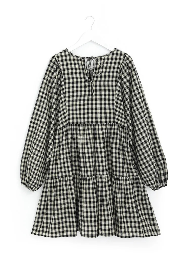 Norma Black Gingham Ls Babydoll Mini Dress