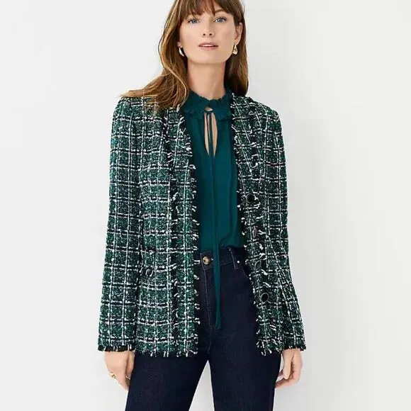 NWT Ann Taylor Petite Shimmer Green Tweed V-Neck Cardigan Jacket Size 4