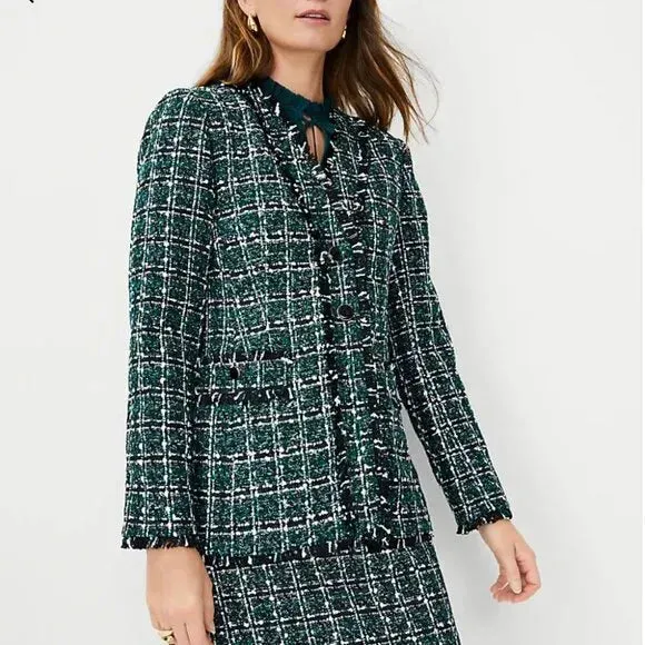 NWT Ann Taylor Petite Shimmer Green Tweed V-Neck Cardigan Jacket Size 4