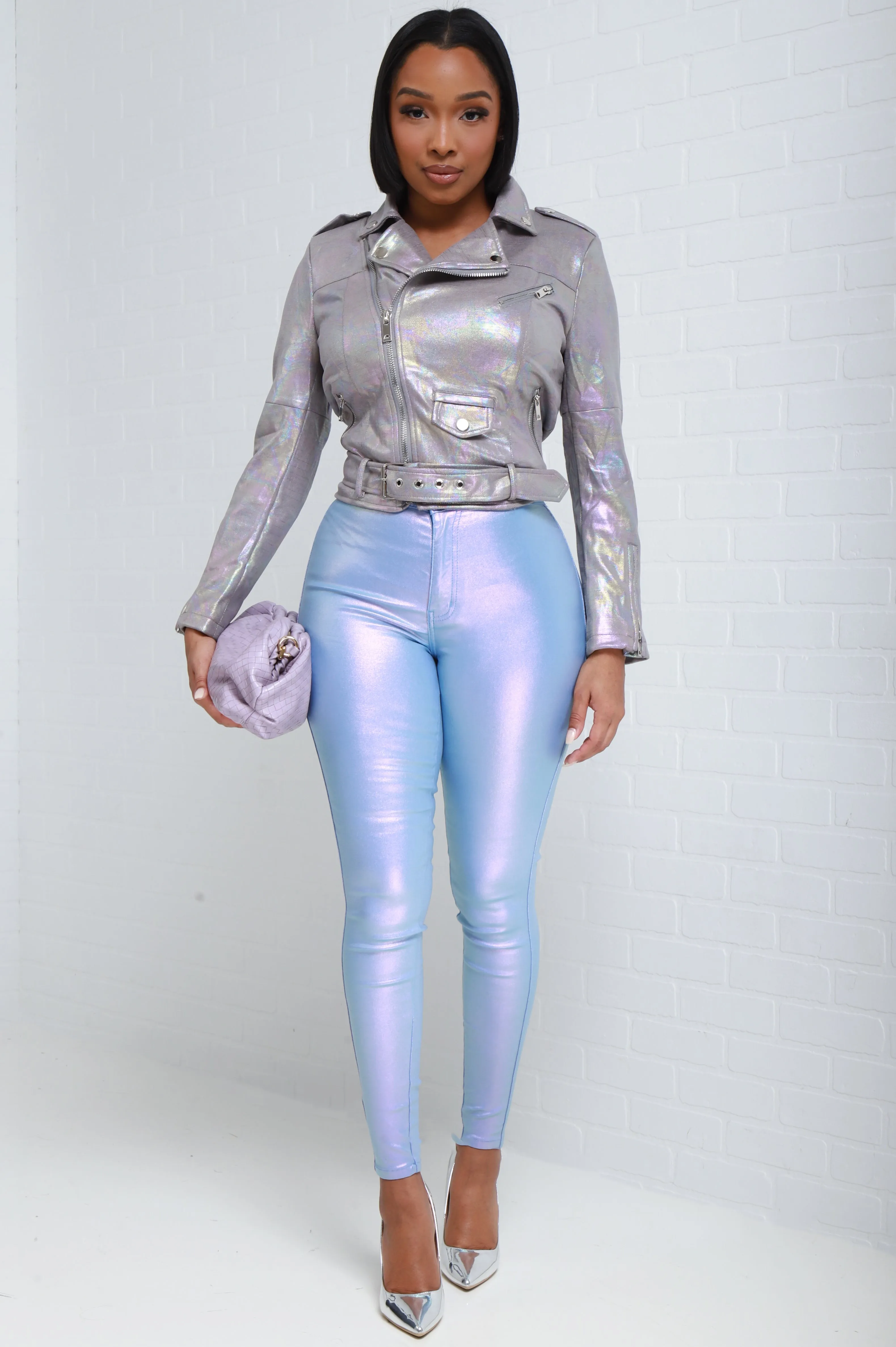 Only Exception Metallic Asymmetrical Belted Jacket - Silver