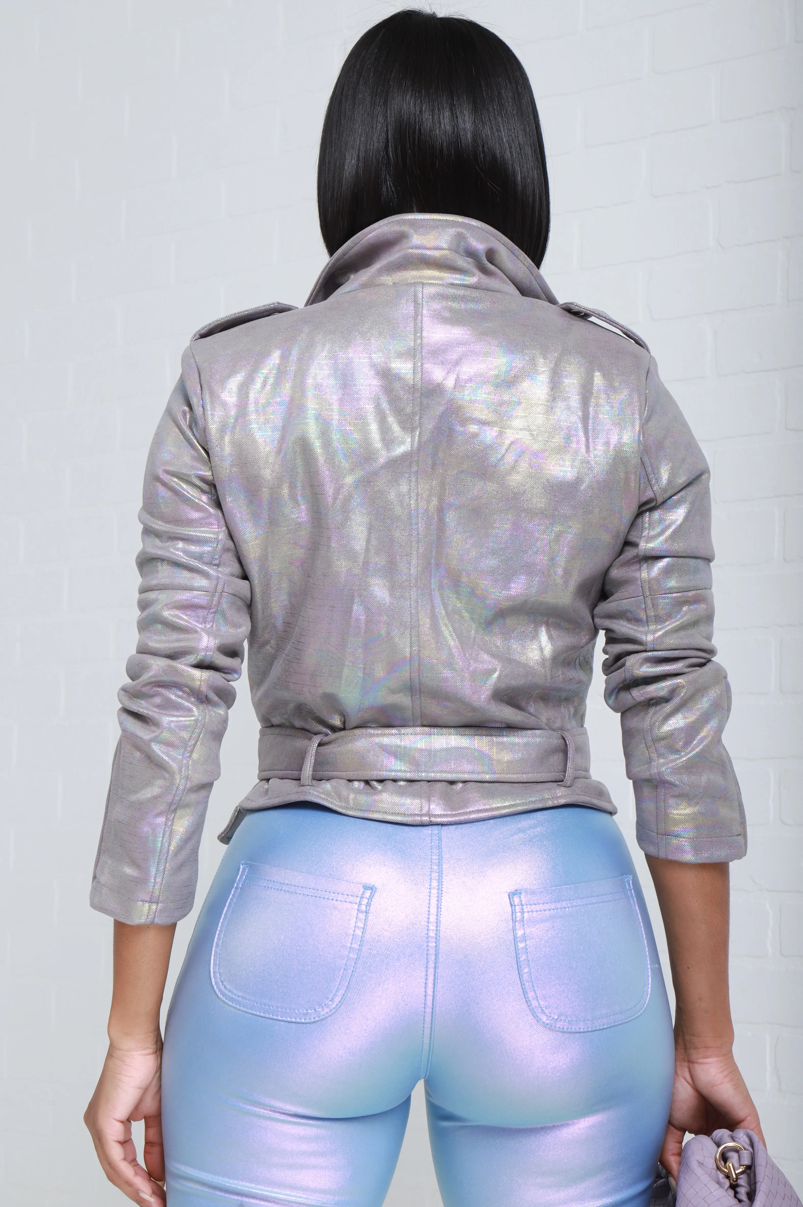 Only Exception Metallic Asymmetrical Belted Jacket - Silver