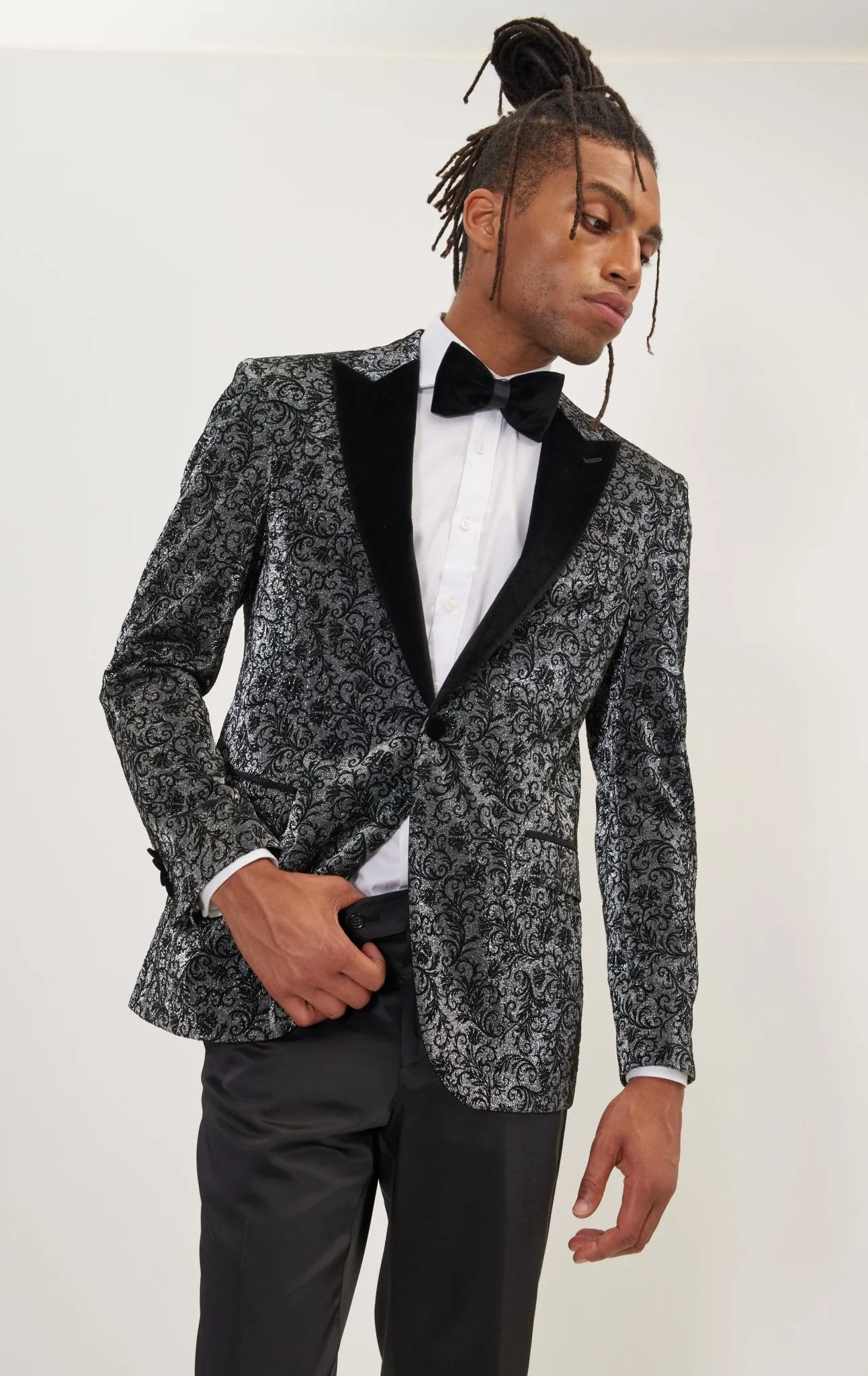 Oriental Flocking Peak Lapel Tuxedo Jacket - Metallic Silver