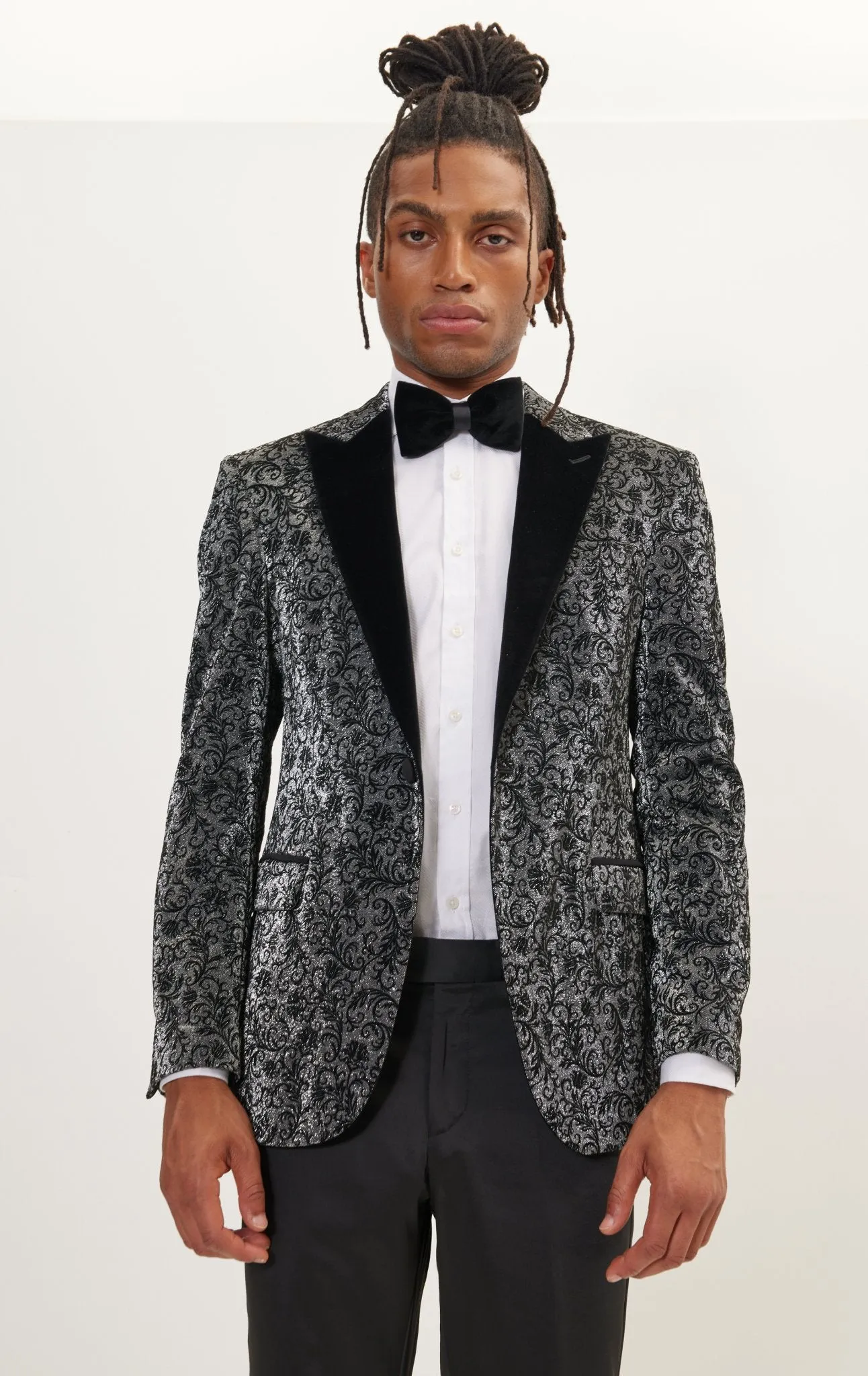 Oriental Flocking Peak Lapel Tuxedo Jacket - Metallic Silver