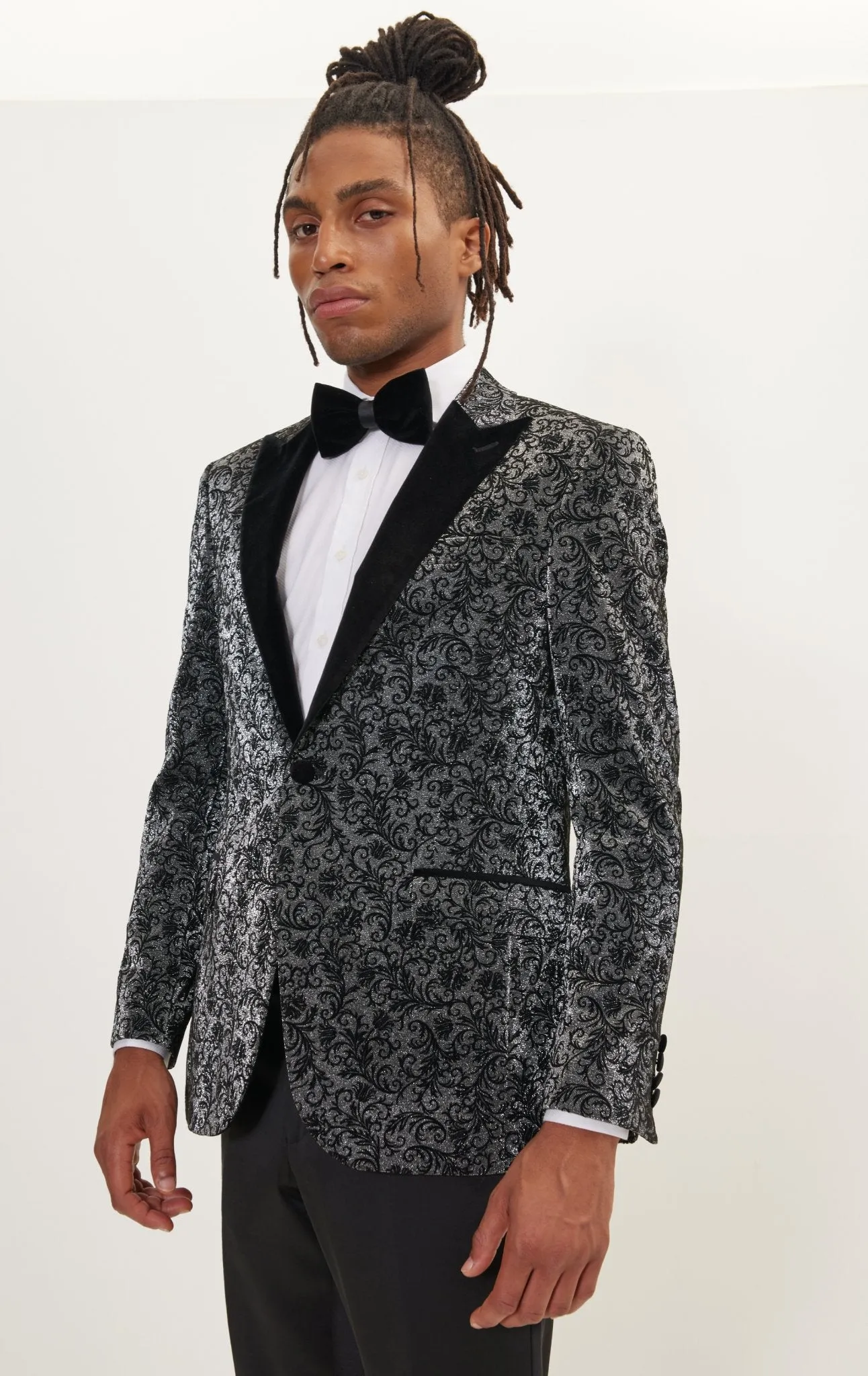 Oriental Flocking Peak Lapel Tuxedo Jacket - Metallic Silver