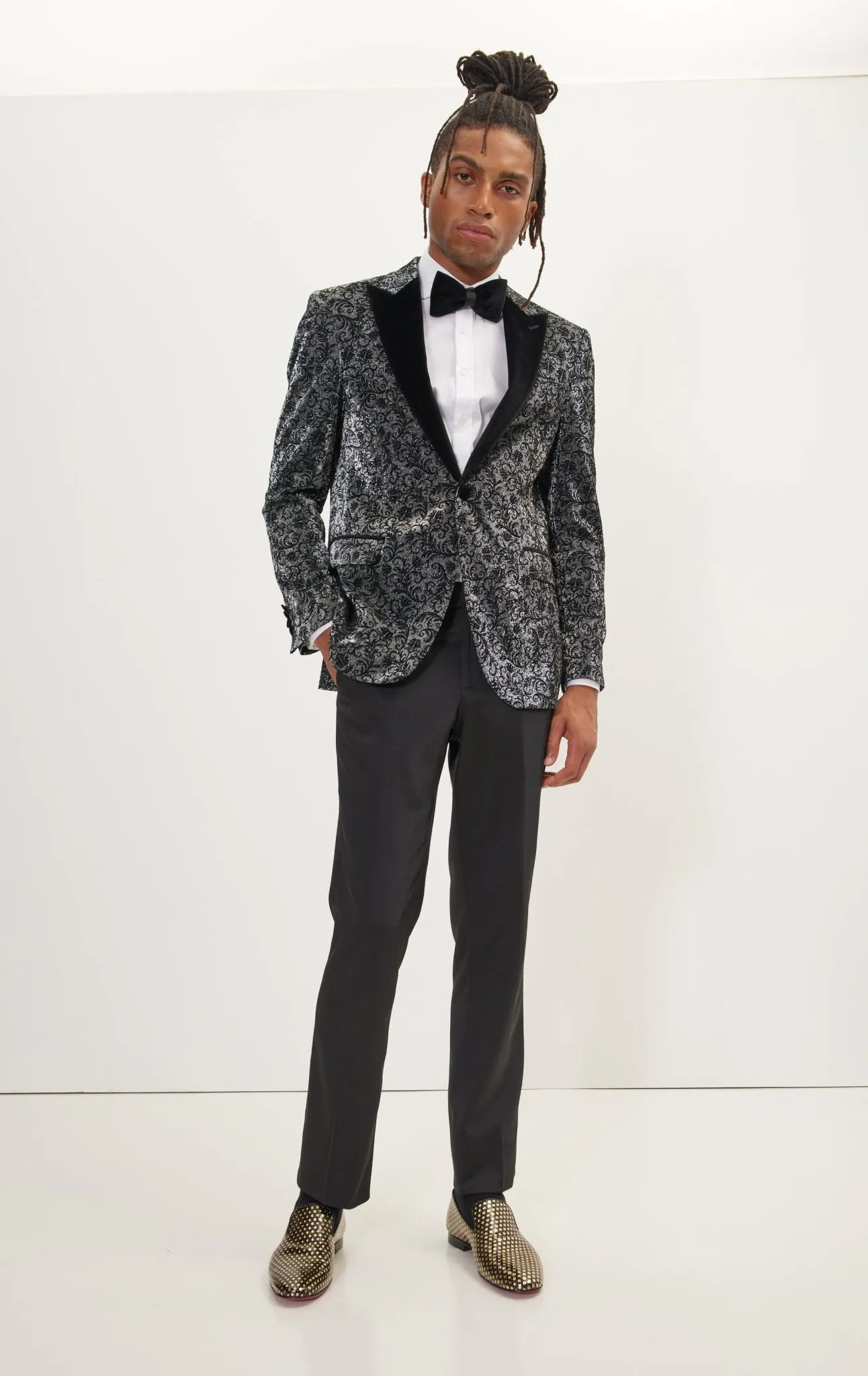 Oriental Flocking Peak Lapel Tuxedo Jacket - Metallic Silver