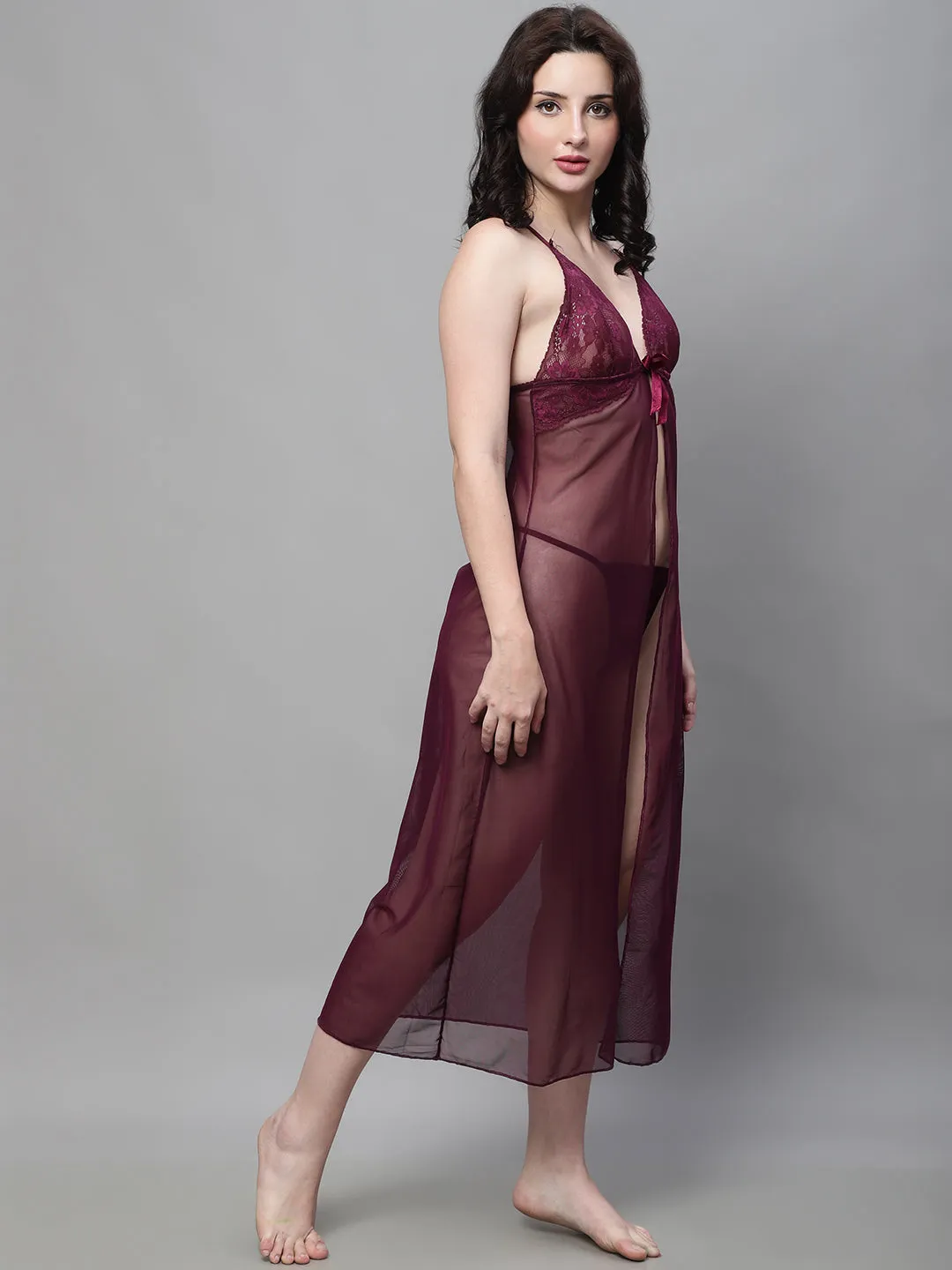 Overall Net Elegant Lacy Long Gown - Wine