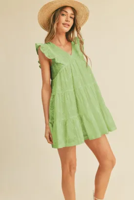 Pea Green Eyelet Babydoll Mini Dress