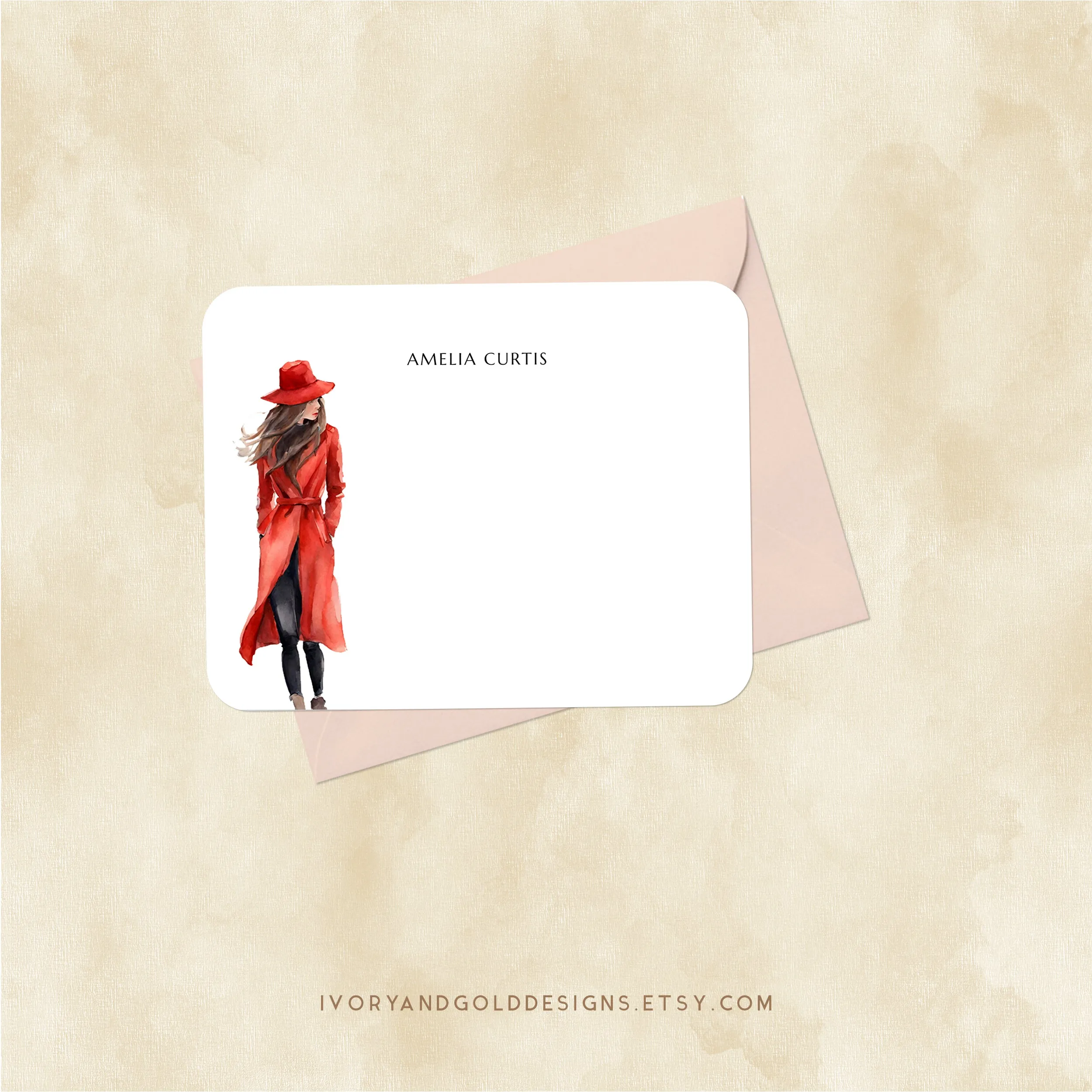 Personalized Notecard Set: Red Trench Coat Woman