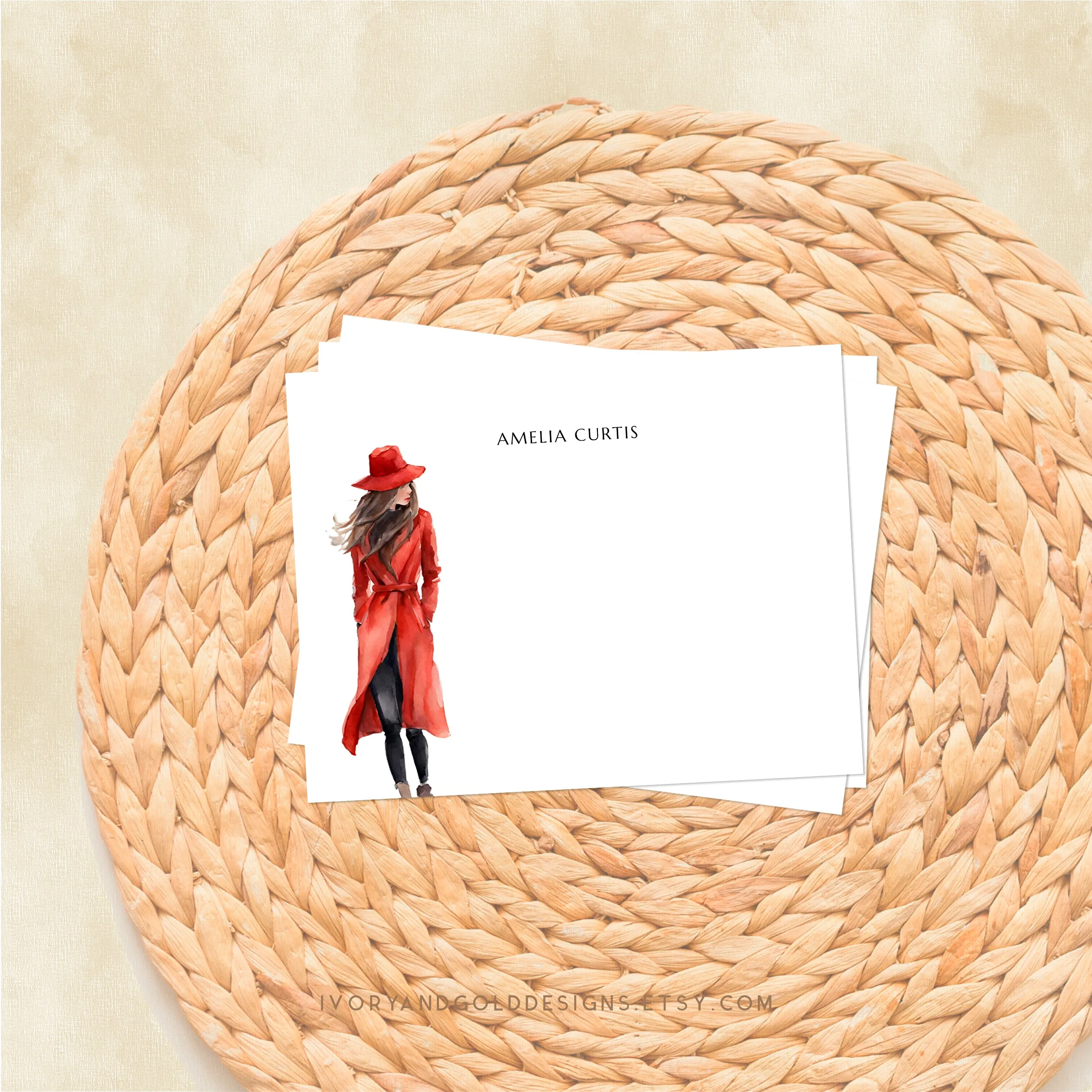 Personalized Notecard Set: Red Trench Coat Woman