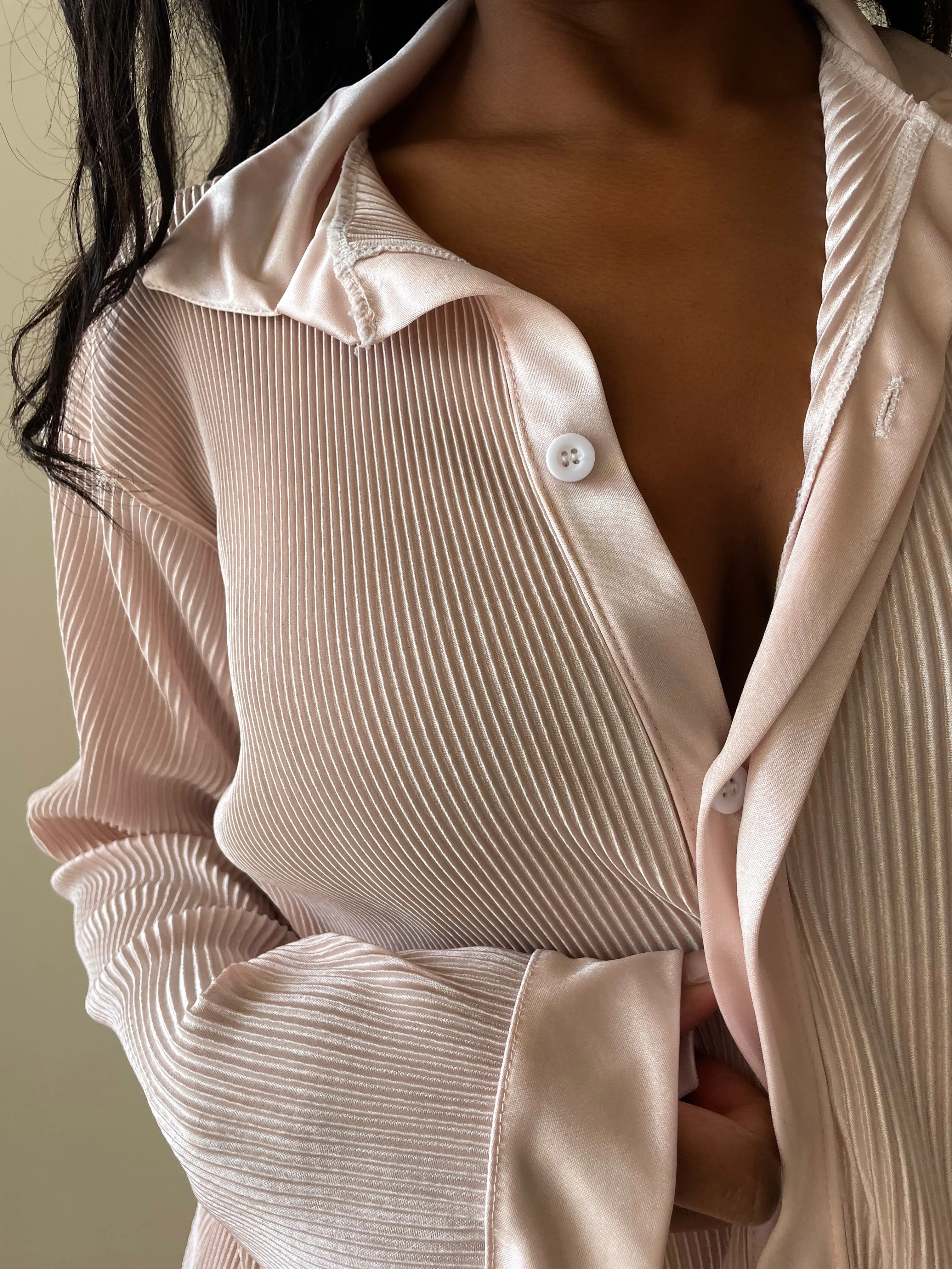 Plisse Shirt | Dream Girl Pleated Long Sleeve Button Down Blouse Champagne Pink