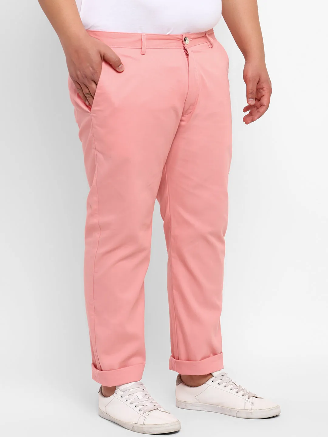 Plus Men's Pink Cotton Light Weight Non-Stretch Regular Fit Casual Trousers