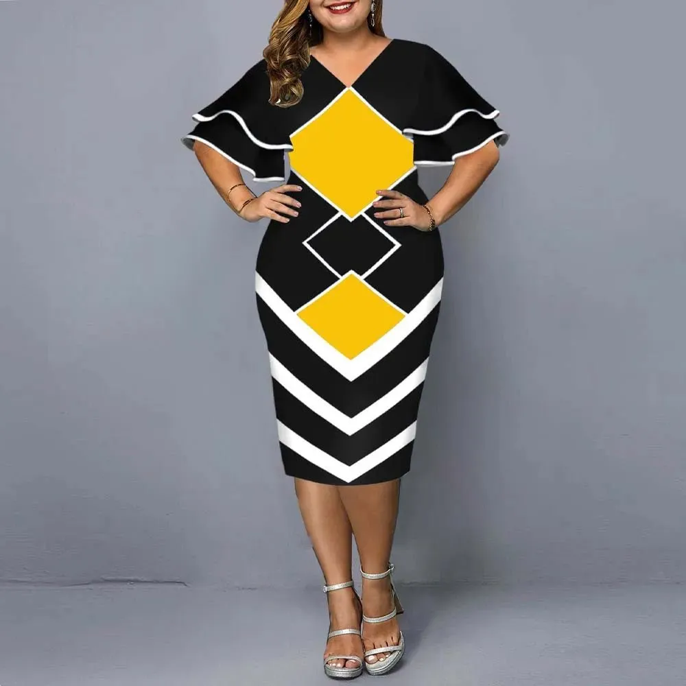 Plus size hot sales new digital printed full size women matching sleeves fall casual dress women