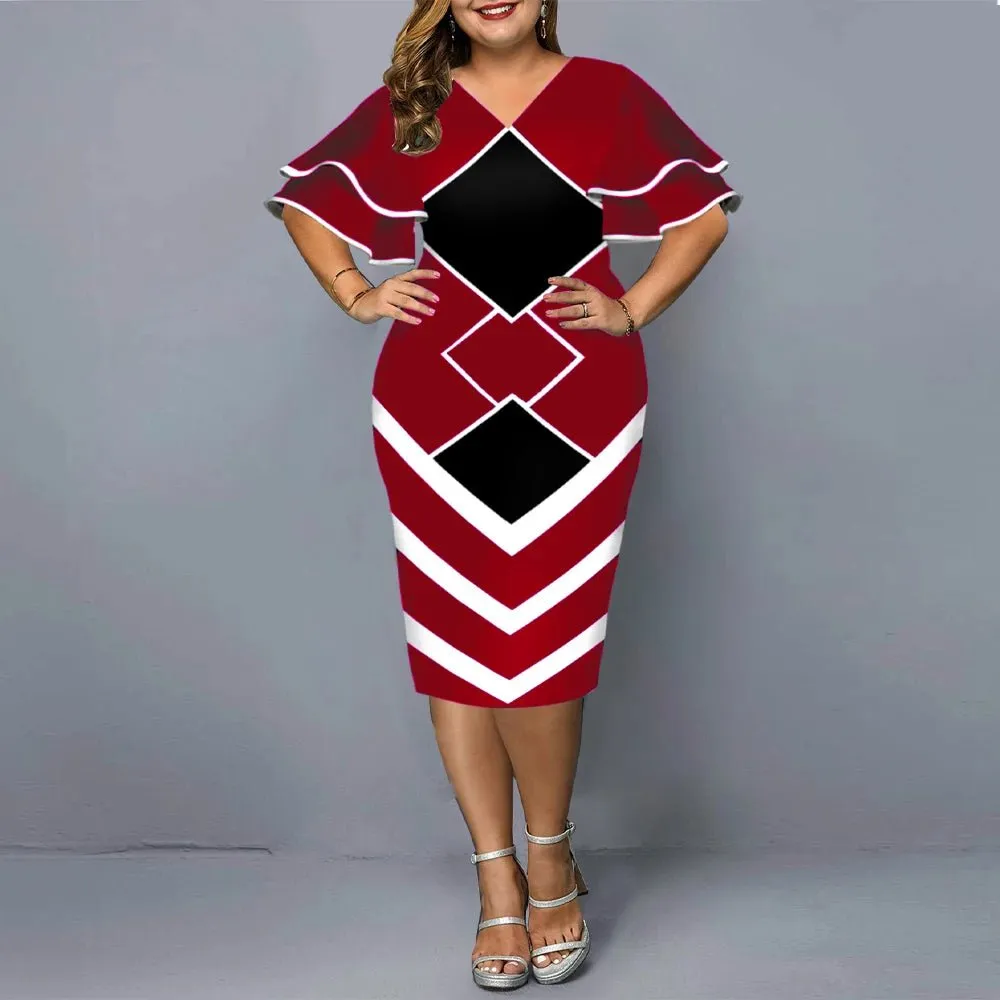 Plus size hot sales new digital printed full size women matching sleeves fall casual dress women