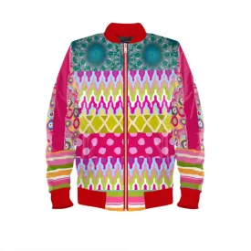 Red Calypso Patchwork Unisex Satin Bomber Jacket