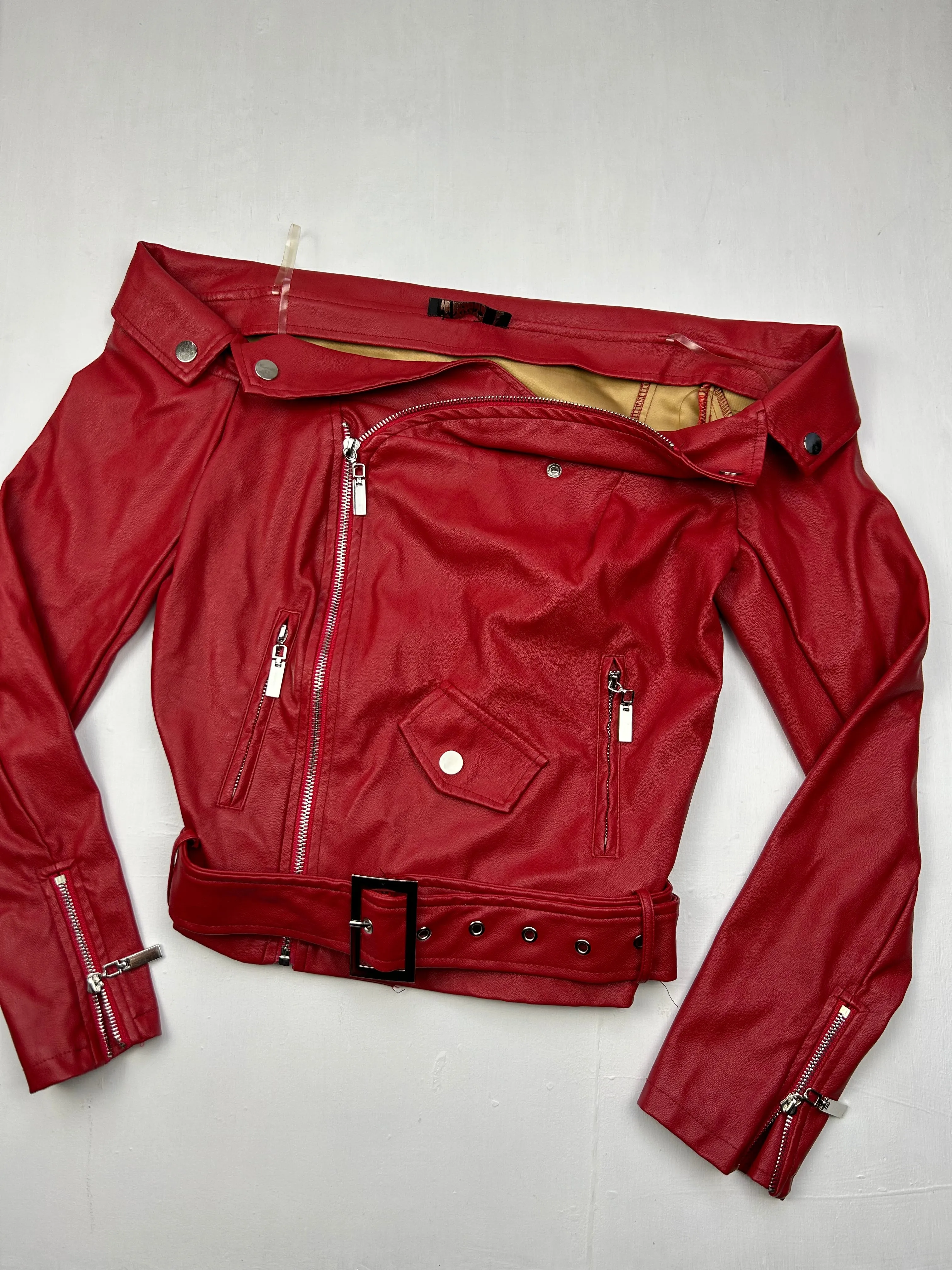 Red pvc leather bardot biker jacket (S)