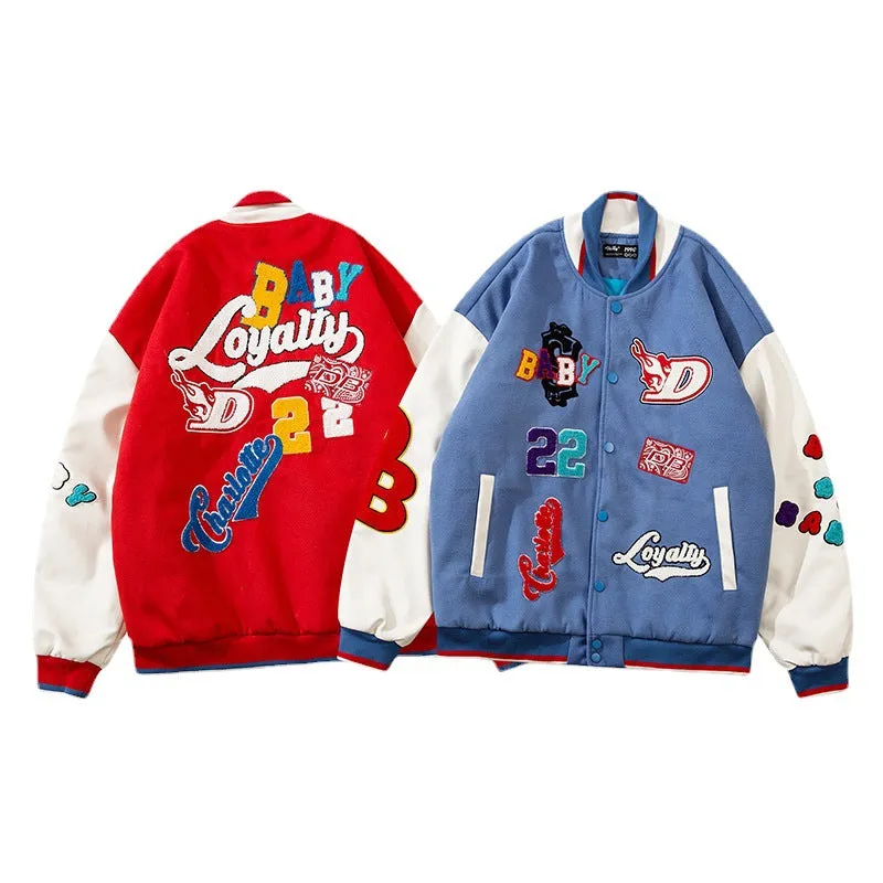 Red Varsity Jacket Letter Embroidery I Baggy Coat Men's and Women's Cotton-Padded Jacket Cotton Padded Thickened Baseball Uniform Winter