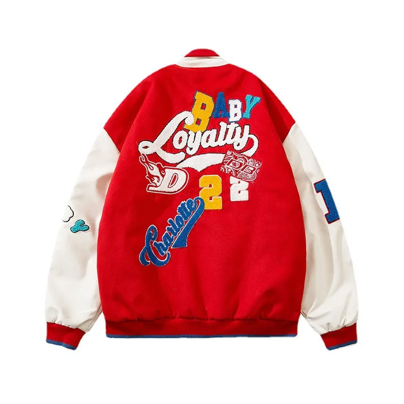 Red Varsity Jacket Letter Embroidery I Baggy Coat Men's and Women's Cotton-Padded Jacket Cotton Padded Thickened Baseball Uniform Winter