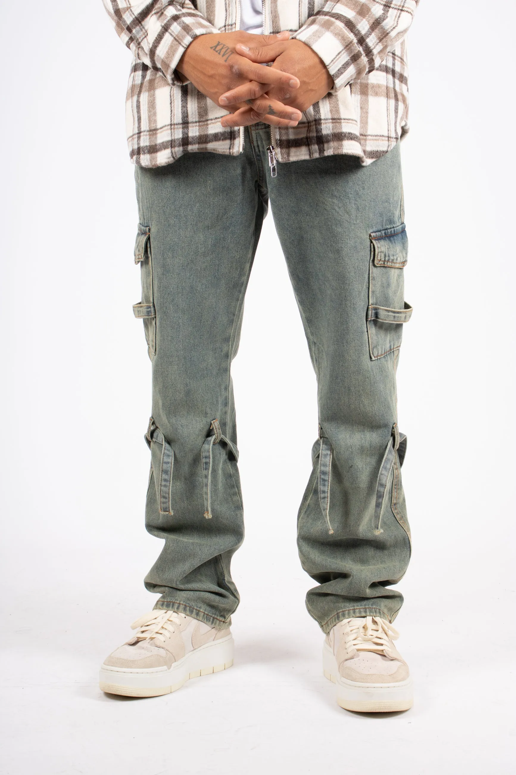 Relaxed Dirty Wash Cargo Pants with Strap Detail