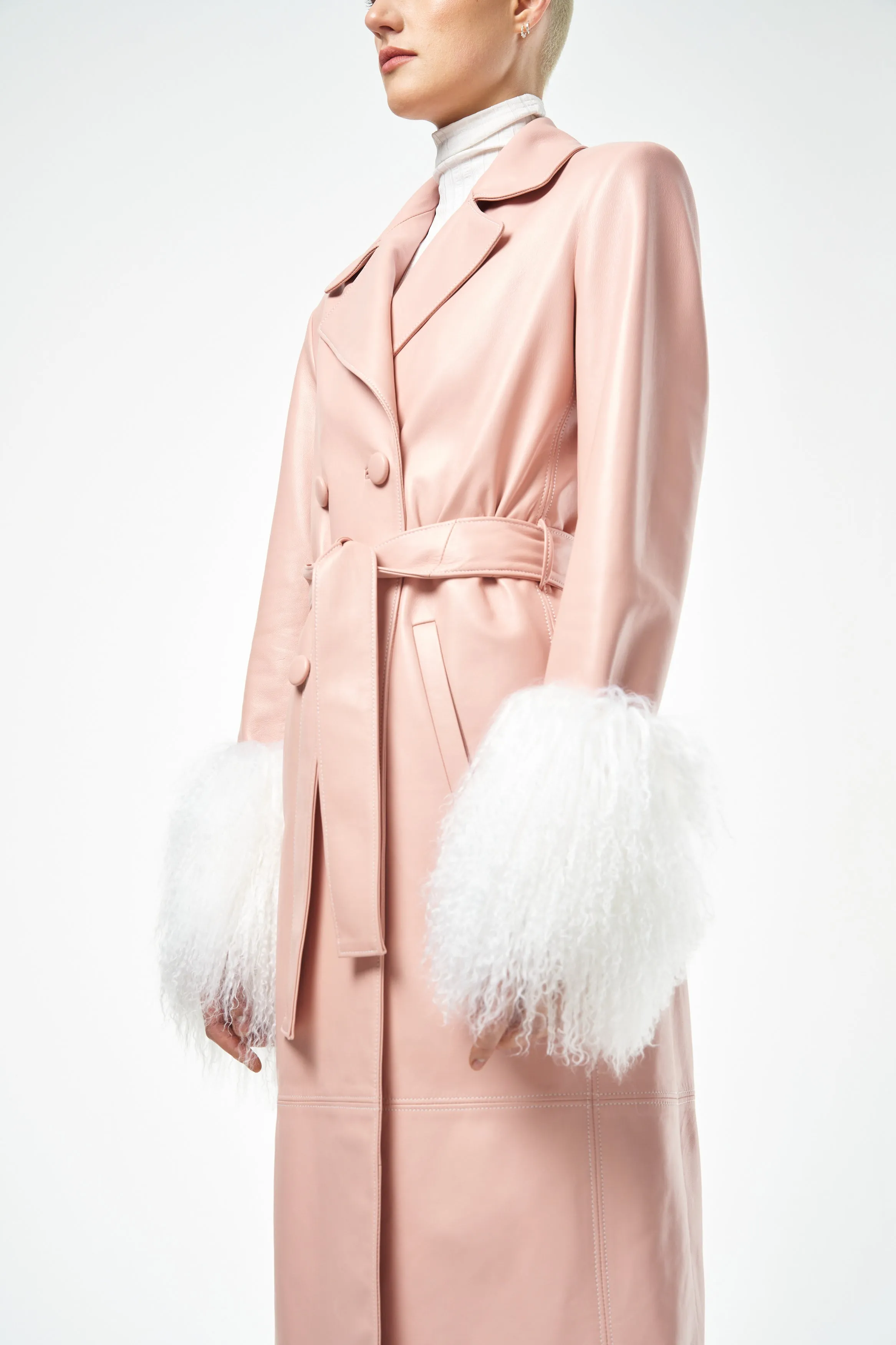 ROSE QUARTZ BABY PINK LEATHER TRENCH COAT