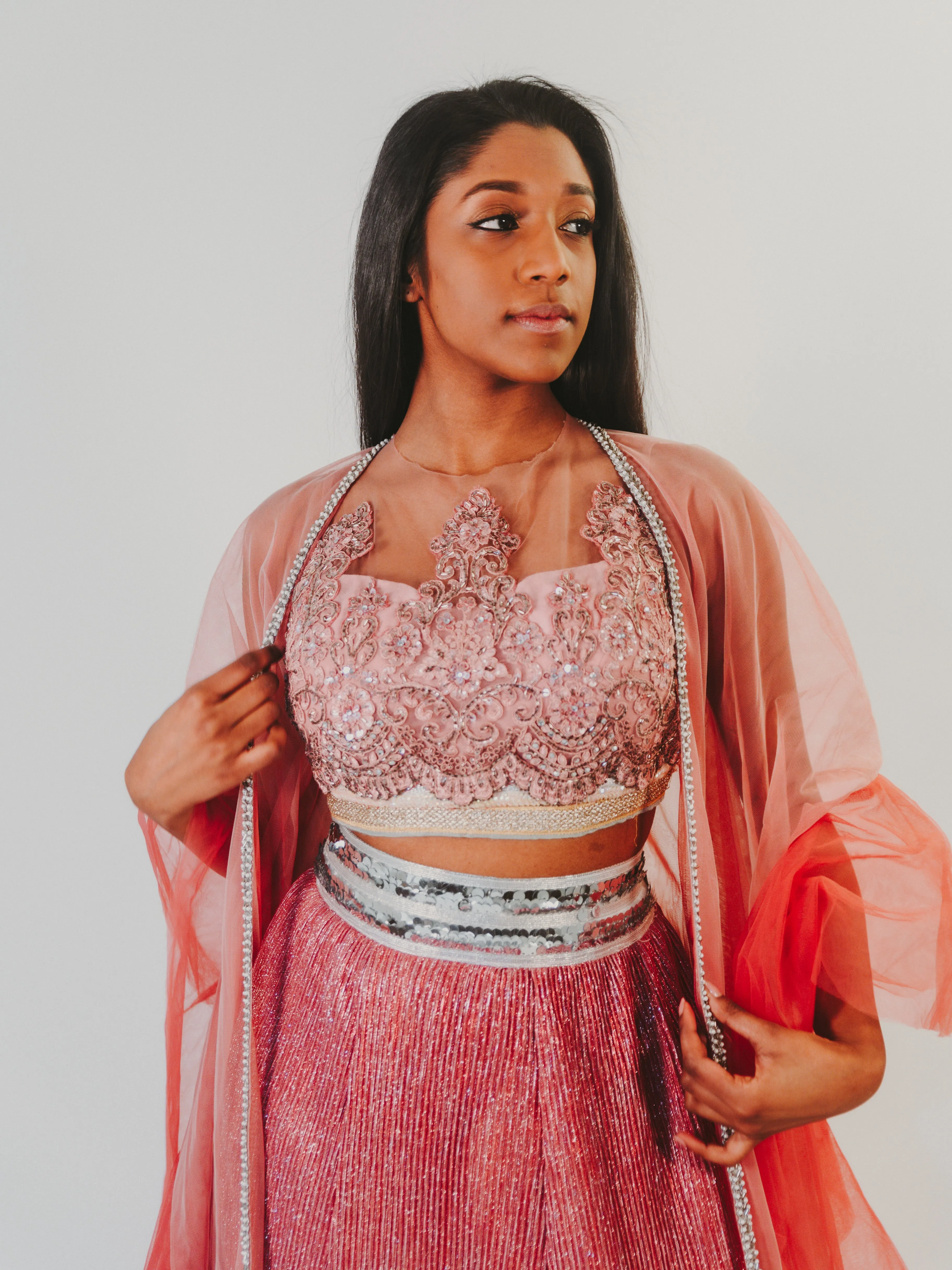 SAMPLE SALE: Pink Shimmer Ruffle Lehenga Set