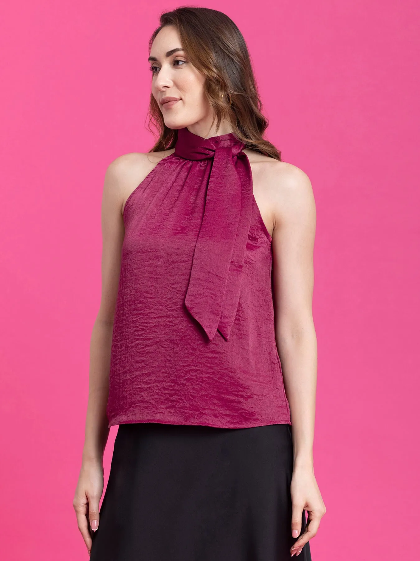 Satin Two Way Tie Up Top - Magenta Pink