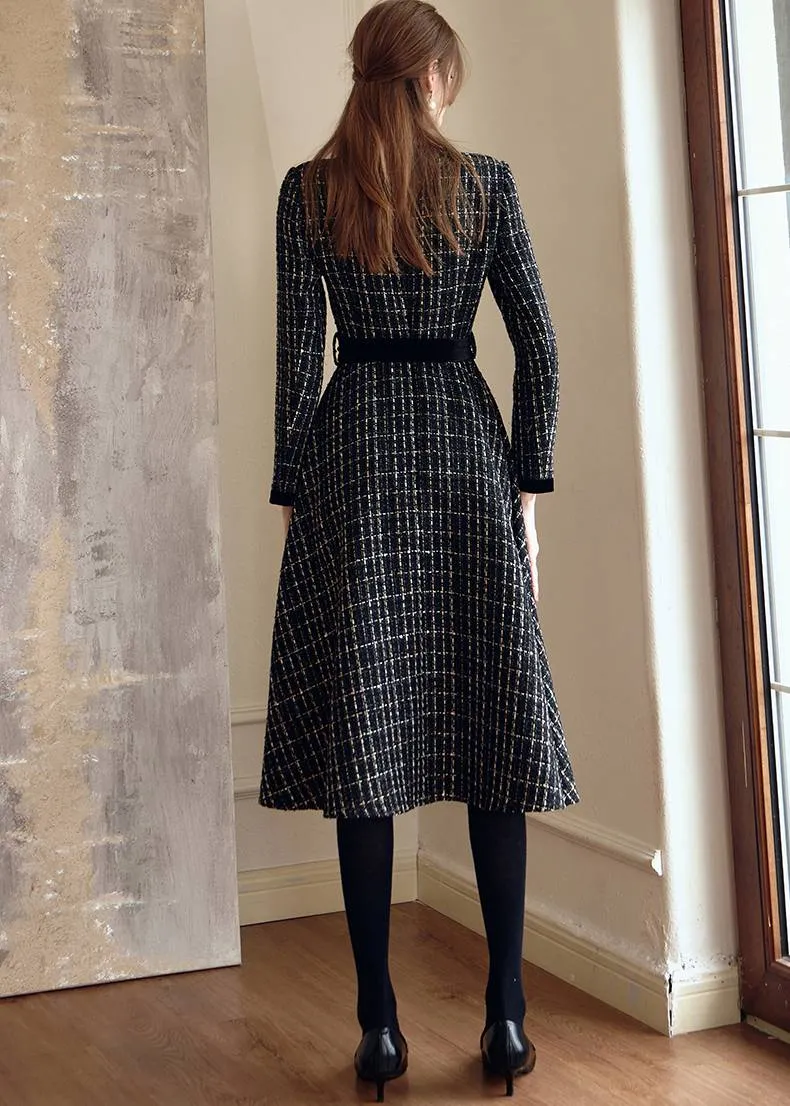 Shirley Black Long Sleeve Plaid Tweed Midi Dress