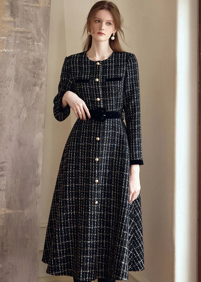 Shirley Black Long Sleeve Plaid Tweed Midi Dress