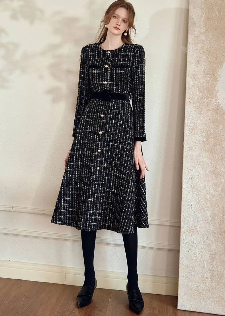 Shirley Black Long Sleeve Plaid Tweed Midi Dress