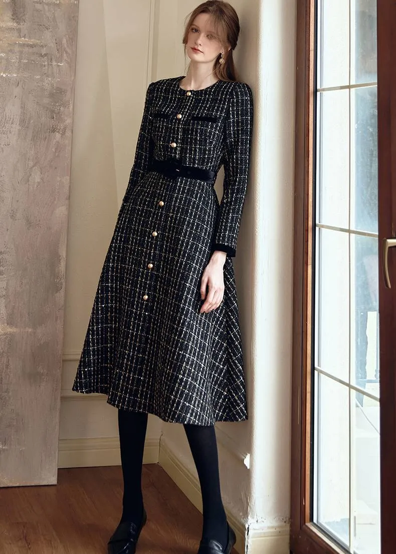 Shirley Black Long Sleeve Plaid Tweed Midi Dress