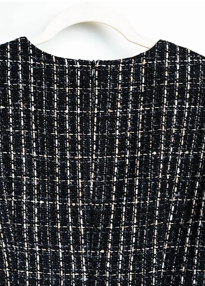 Shirley Black Long Sleeve Plaid Tweed Midi Dress