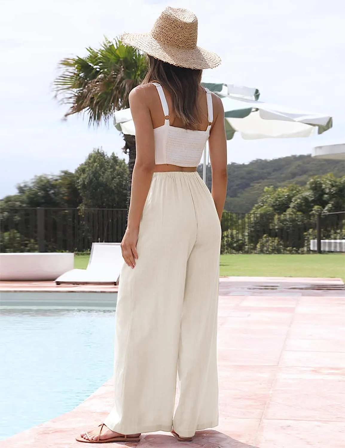 Summer Black Beach Cotton Linen Drawstring Pants