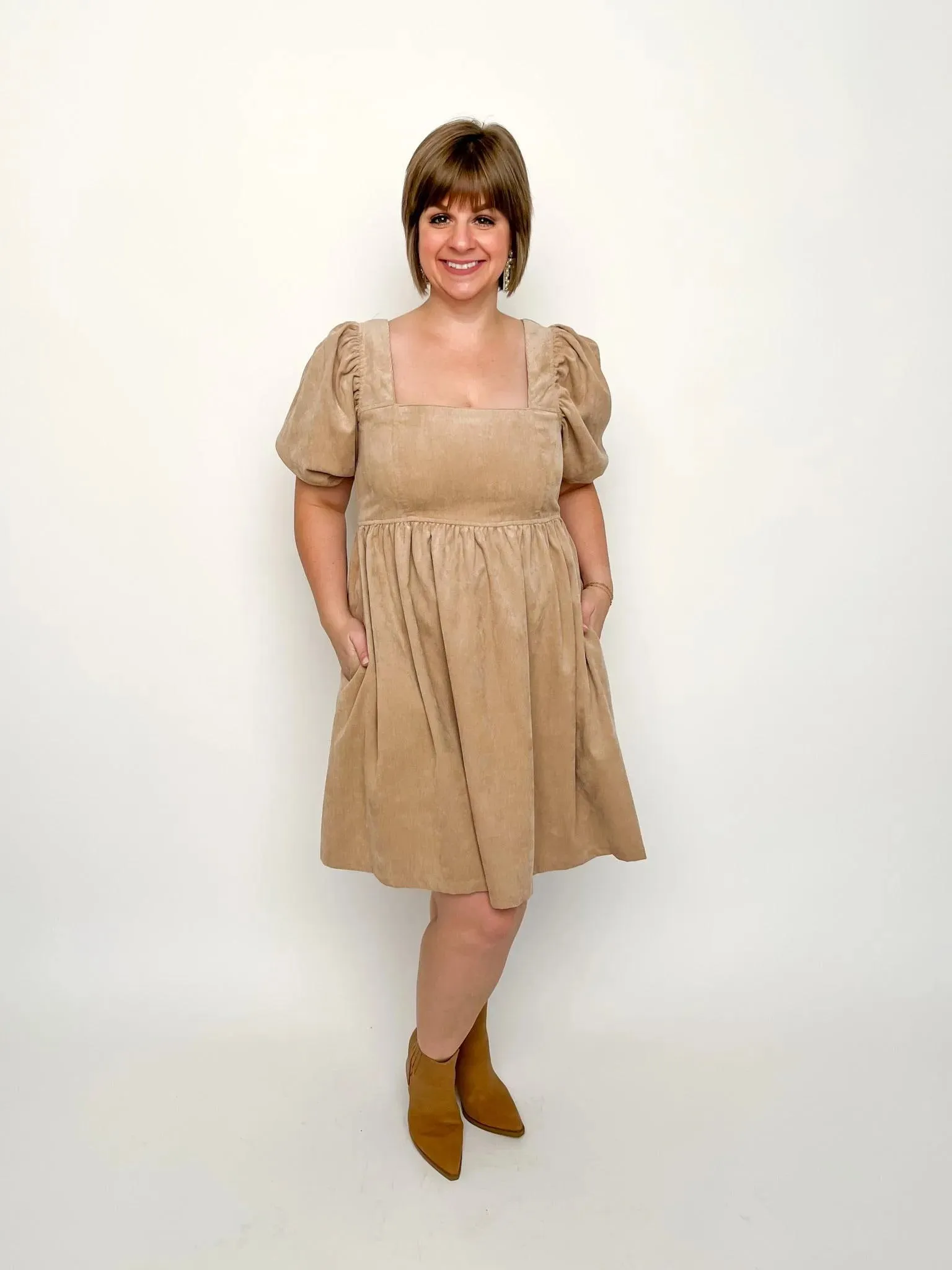 Taupe Corduroy Puff Sleeve Babydoll Dress