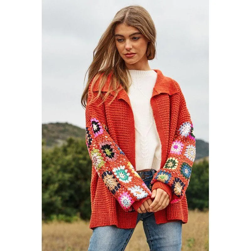 The Floral Crochet Sleeve Knit Cardigan in Rust or Cream