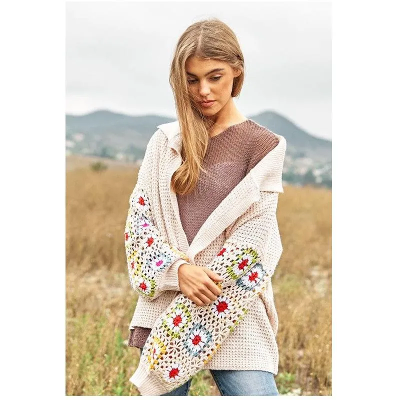 The Floral Crochet Sleeve Knit Cardigan in Rust or Cream