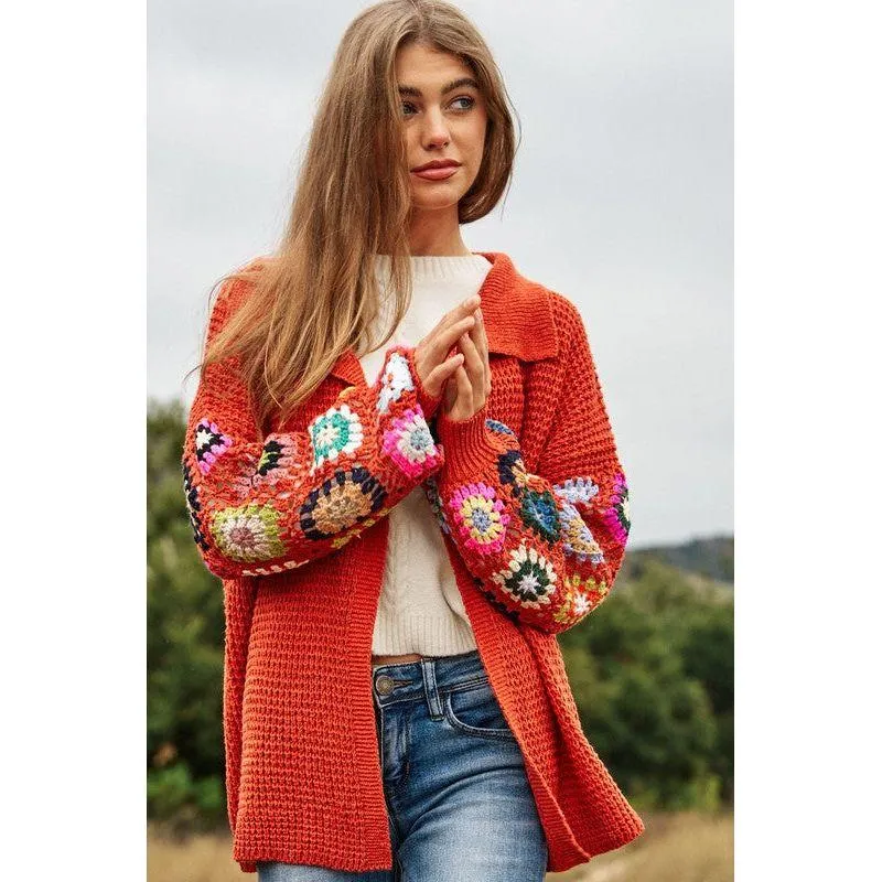 The Floral Crochet Sleeve Knit Cardigan in Rust or Cream