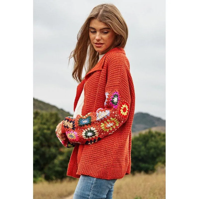 The Floral Crochet Sleeve Knit Cardigan in Rust or Cream