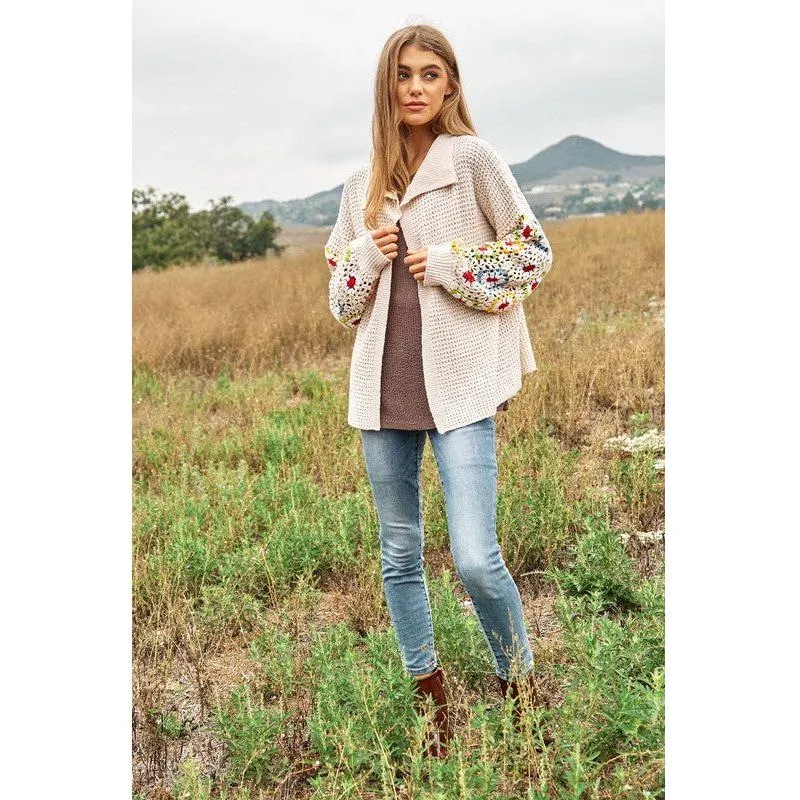 The Floral Crochet Sleeve Knit Cardigan in Rust or Cream