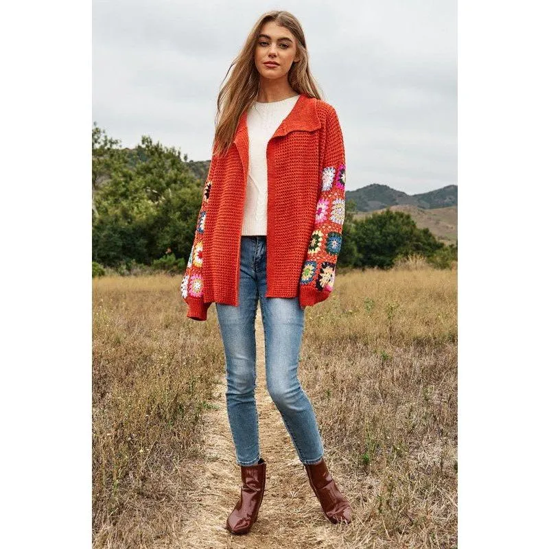 The Floral Crochet Sleeve Knit Cardigan in Rust or Cream