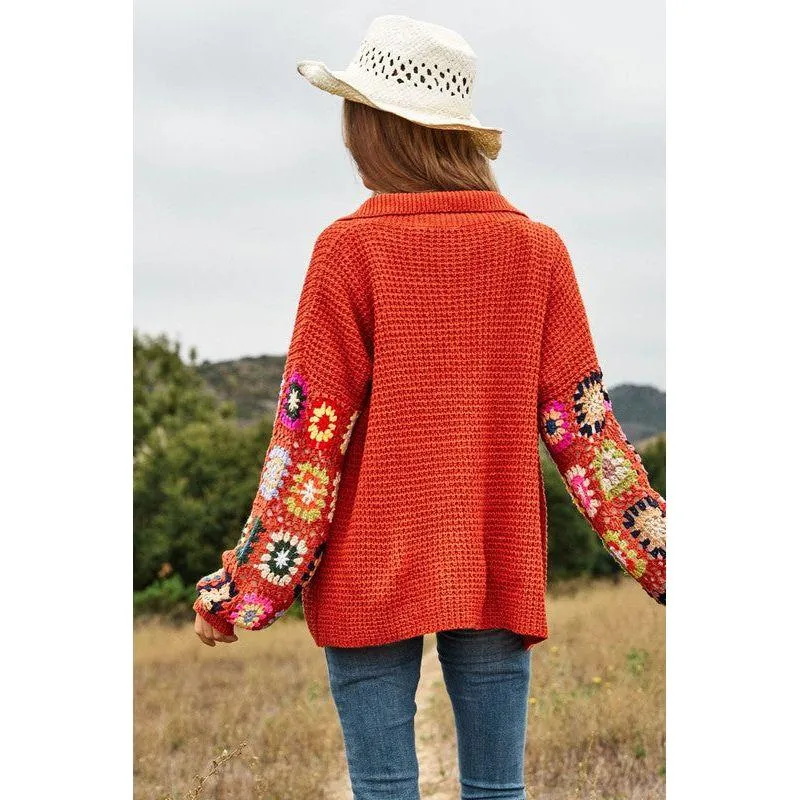 The Floral Crochet Sleeve Knit Cardigan in Rust or Cream